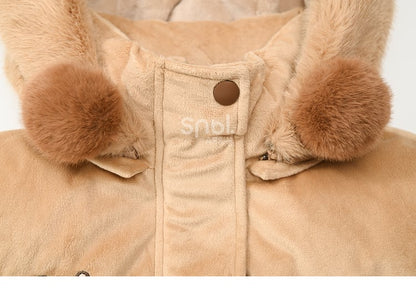 Khaki Cute Capybara Adorned Hooded Down Jacket Detachable Hood
