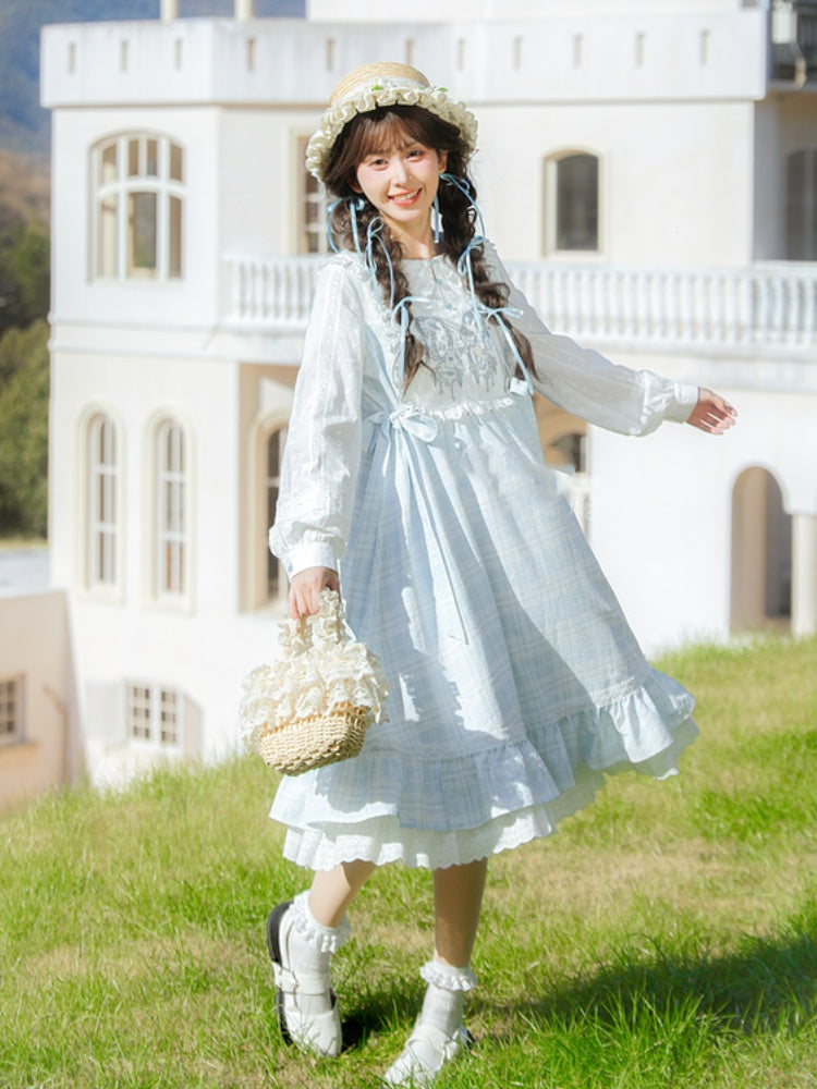 Alice in Wonderland Vibes Blue & White Plaid Butterfly Embroidery Mori Kei Dress