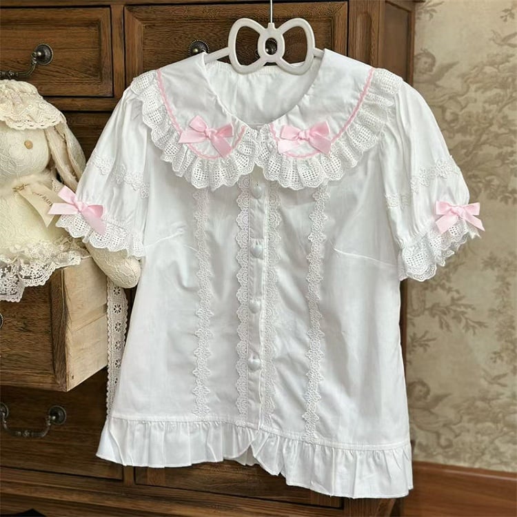 and Trim Peter Lace Pink with Lolita Short-Sleeve Details Collar Pan Blouse Bow