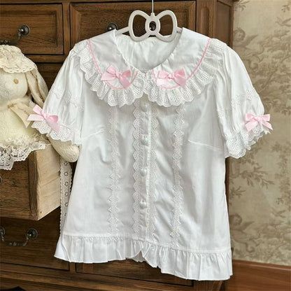 and Trim Peter Lace Pink with Lolita Short-Sleeve Details Collar Pan Blouse Bow