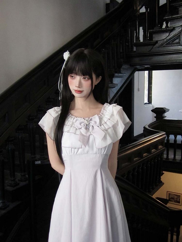 Purple Off-Shoulder Ruffled Flowy Seiso-Kei Maxi Dress - LA LA JK
