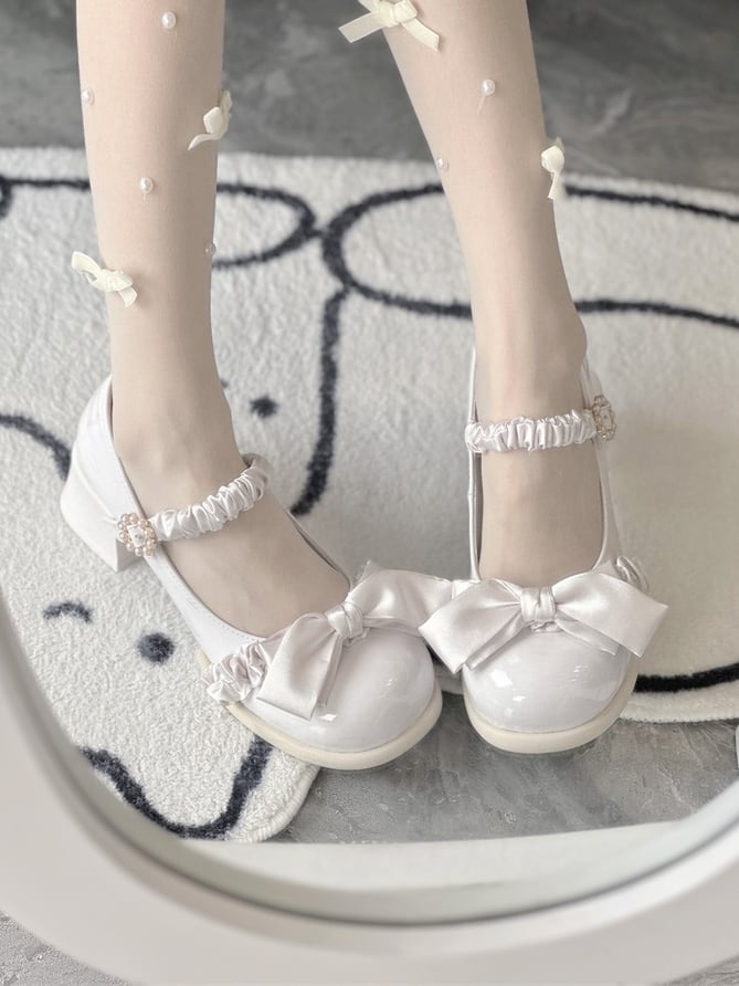 Leather - with Bead Off-white PU Mid Fastener Sweet Round Toe Heels Ornate Lolita