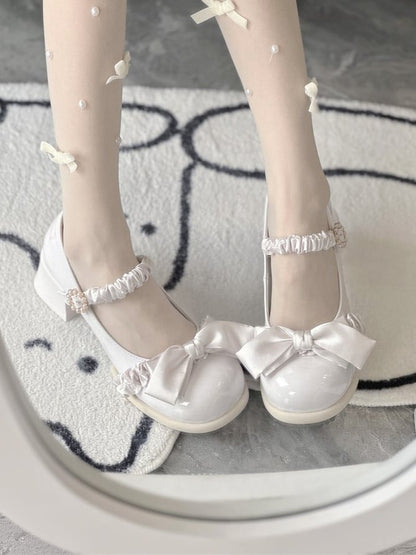 Leather - with Bead Off-white PU Mid Fastener Sweet Round Toe Heels Ornate Lolita