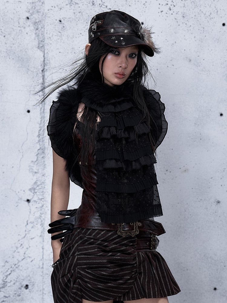 Delicate Lace Vintage Plush Layered Punk Scarf Ruffles - Black