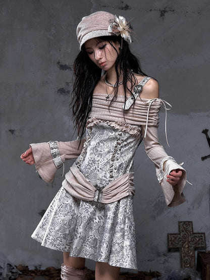 Off-Shoulder Dress Vintage Khaki Knit Punk A-Line with Belt Beige-gray PU Design