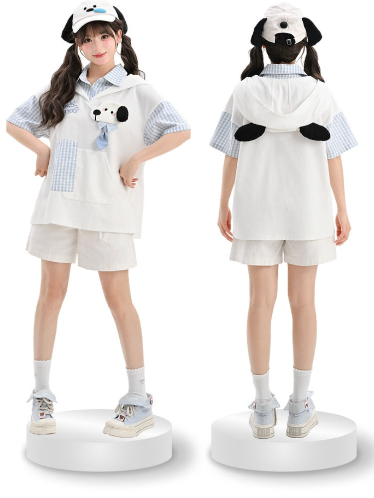 子犬の耳のデザインフード柄の2ピースホワイト＆子犬フェイクTシャツブルーチェック柄