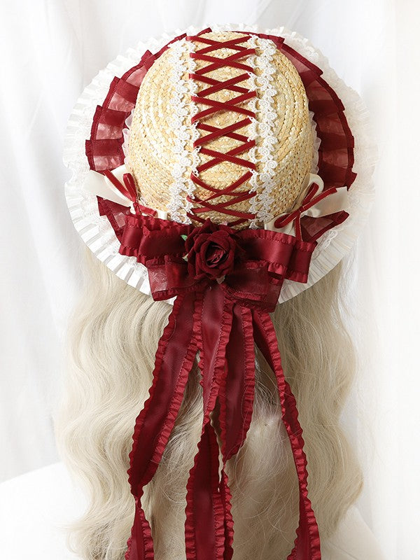 Bows Straw Options Color Ribbons Satin Hat Sweet Lolita 5 Crossed