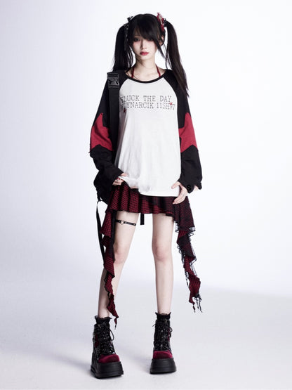 Lockere Oberteilärmel, schwarz-weißes Colorblock-Design, Sternapplikationen