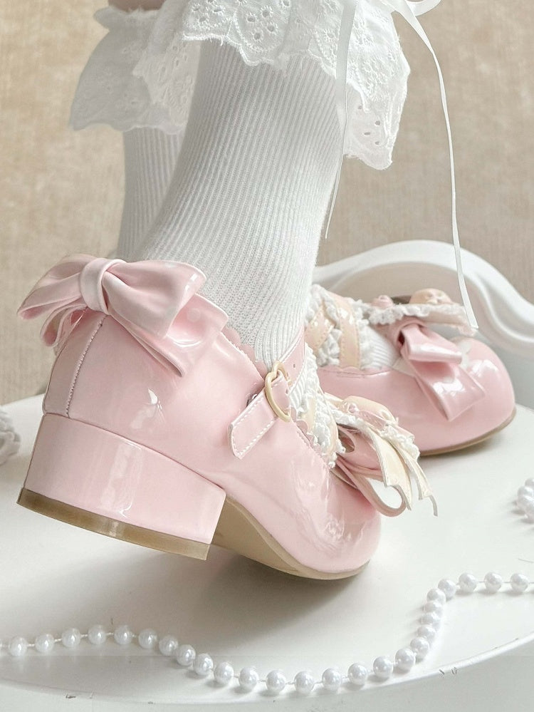 Bows Accents Pink Jane PU Light Mary Sweet Shoes with