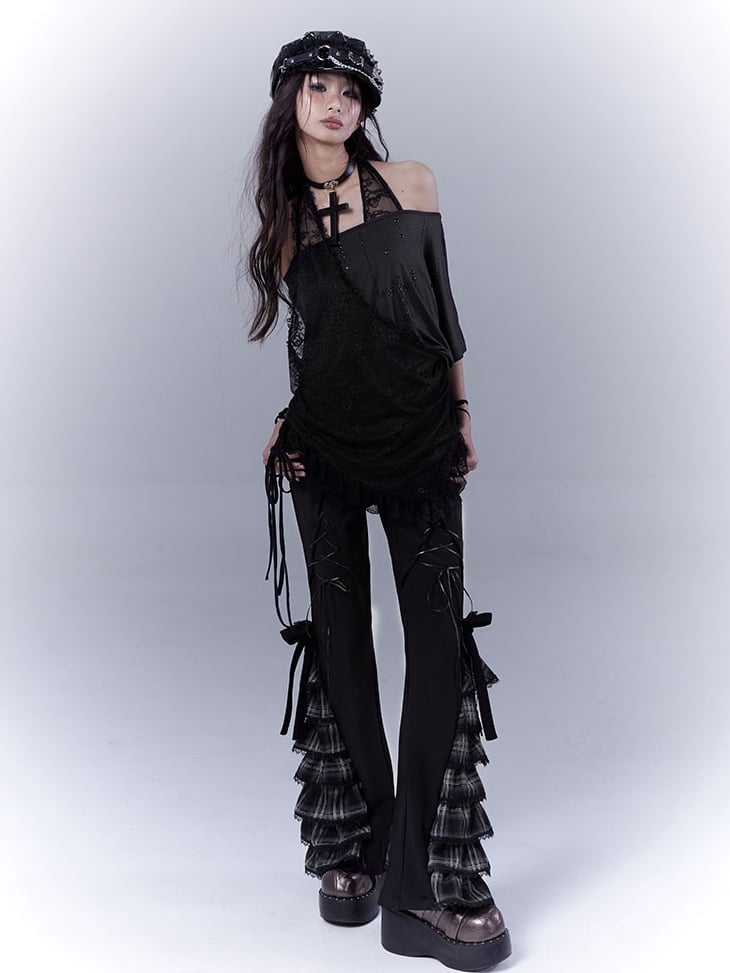 Black Lace-Up Plaid Cuff Slim Pants - WSW No Body