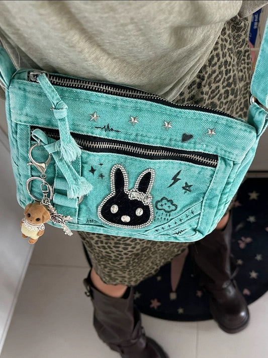 Vintage Mint Green Single Shoulder Purse with Rabbit Motif - Black Cherry Sauce