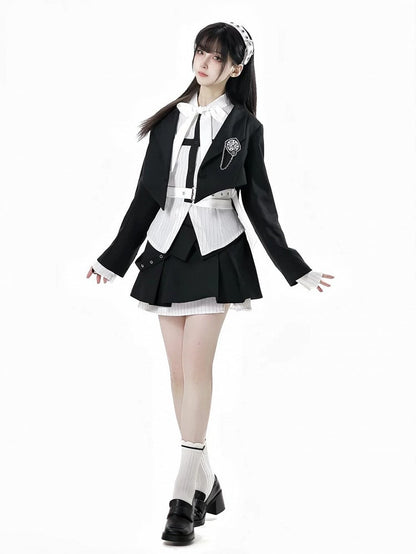 ブラックボックスプリーツスカート ホワイトストライプ パッチワークデザイン