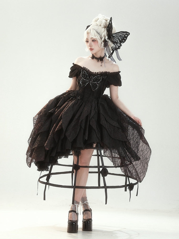 Butterfly Motif Puff Sleeve Lolita Top and Asymmetrical Hem Skirt Set in Black - Sweet Wood Lolita