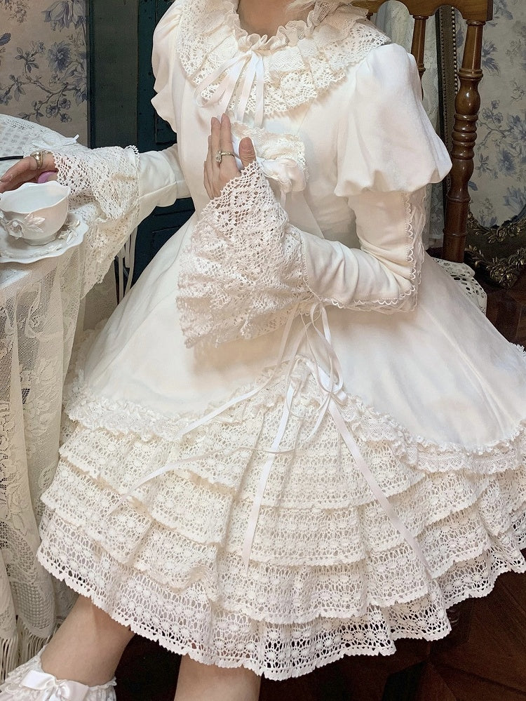 All White Ruff Collar Old School Long Sleeves Shiro Lolita Dress