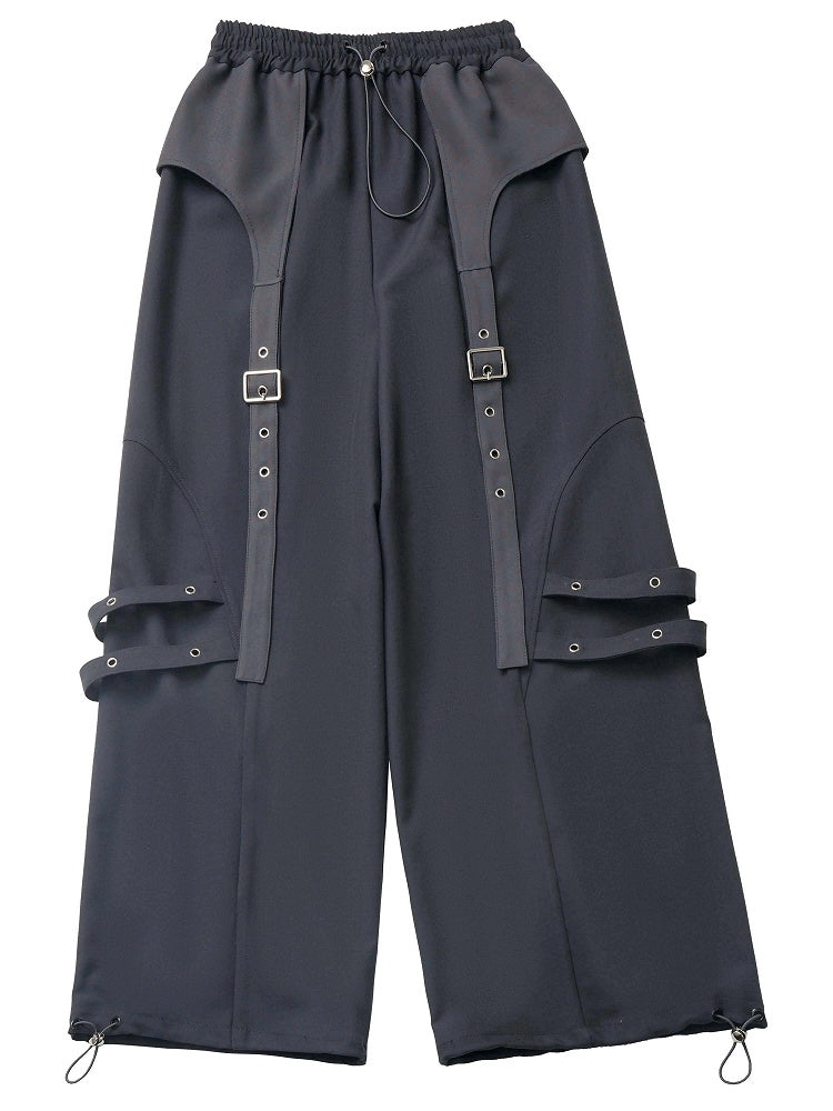 Black Buckle Straps Elastic Waist Cargo Pants