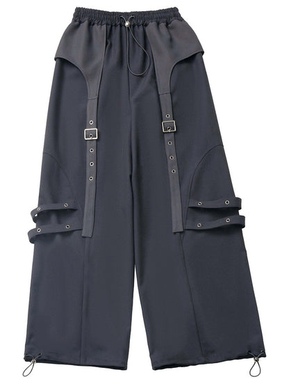 Black Buckle Straps Elastic Waist Cargo Pants