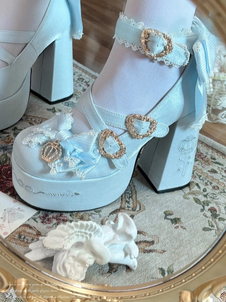 Platform Lolita Janes Satin Blue Crown Block Heel Details - High Sweet Mary