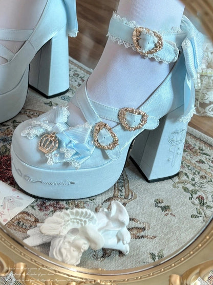 Platform Lolita Janes Satin Blue Crown Block Heel Details - High Sweet Mary
