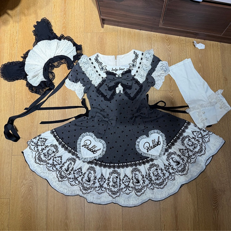 Sweet Rabbit Gray Polka Dot Pattern Sweetheart Lolita Detachable Dress Bonnet + with Sleeves Set Appliques
