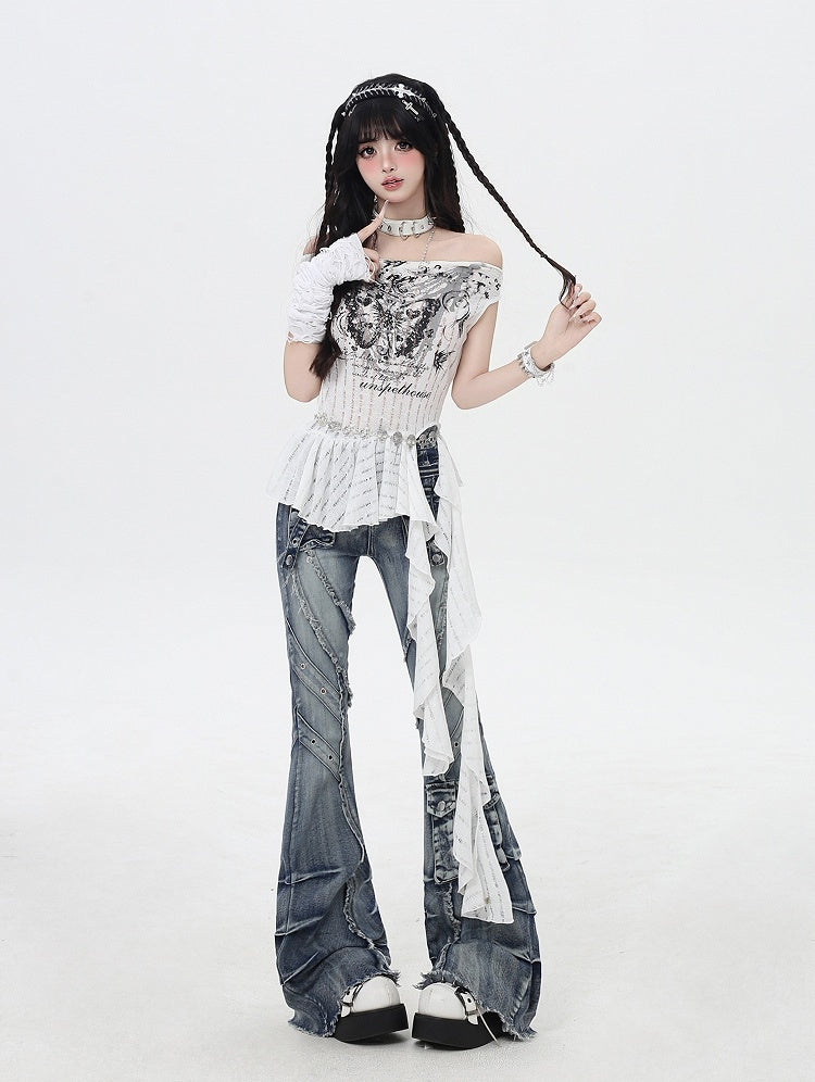 ブルー ローライズ 切りっぱなし裾 フェードウォッシュ フレア カーゴジーンズ Y2K