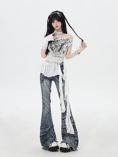 ブルー ローライズ 切りっぱなし裾 フェードウォッシュ フレア カーゴジーンズ Y2K