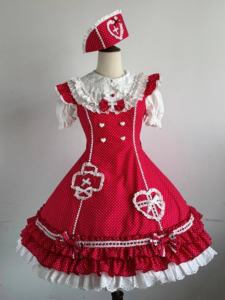 Rüschenmuster Saum Lagenkleid Polka-dot Lolita Red Nurse
