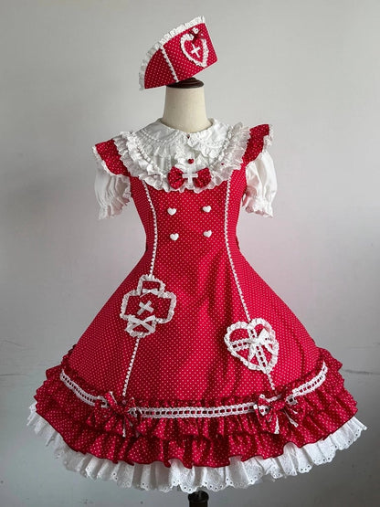 Rüschenmuster Saum Lagenkleid Polka-dot Lolita Red Nurse
