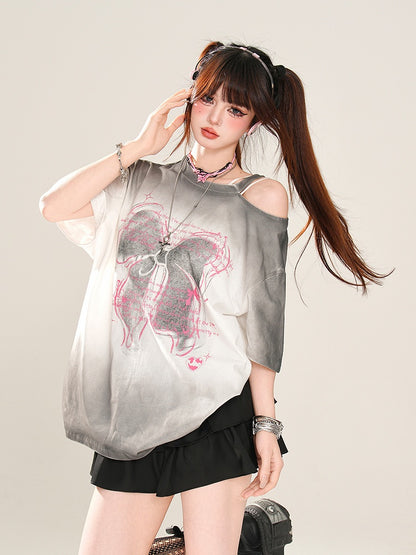 Butterfly Rose Pink/Pink/Grau Lockeres Schulter-T-Shirt Print Ombre Cutout