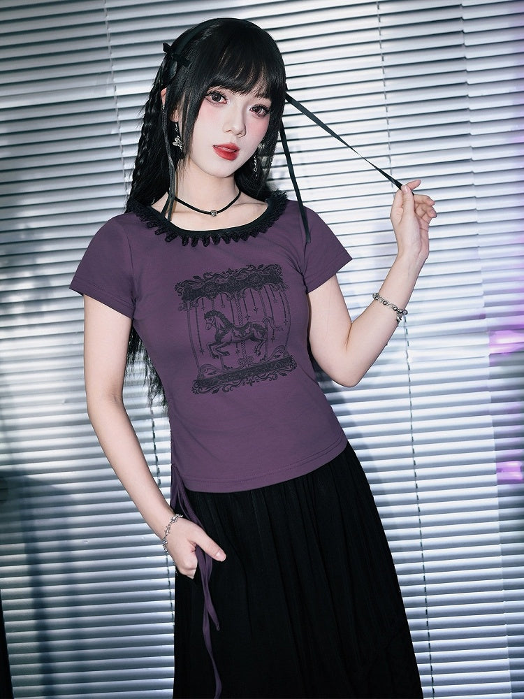 Purple Cotton Short Sleeve Square-Neck Tee with Carousel Print and Drawstring - Quirky Hut