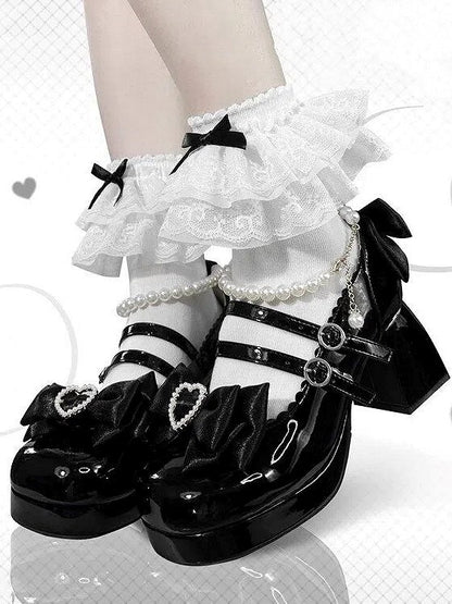 Detachable Lolita Janes with Mary Sweet Heeled Ankle 6.5cm Accents Black Beaded