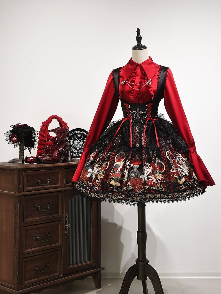Shirt with Sleeves Lolita Ruffled Bat-Wing Red Collar Long Gothic Curved