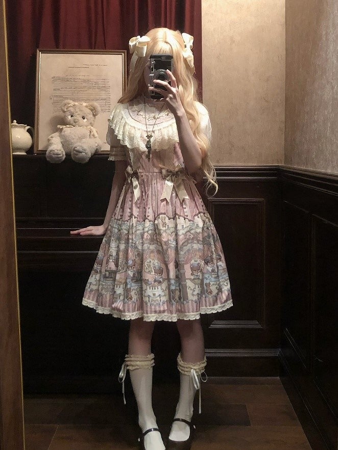 Lolita Pink with Accents Dress Printed Lace-Trimmed Bear Sweet Bow
