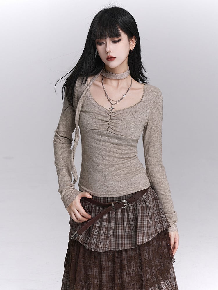 Haferflocken-Top mit U-Ausschnitt, Knopfrüschen und passendem Nackenband, Grau