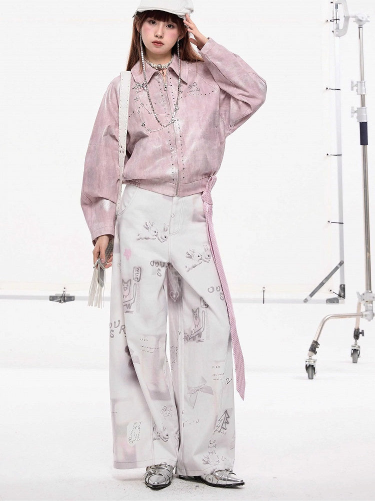 and Hand-Drawn Print Bow Doodles with Wide-leg Jeans White