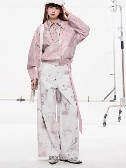 and Hand-Drawn Print Bow Doodles with Wide-leg Jeans White