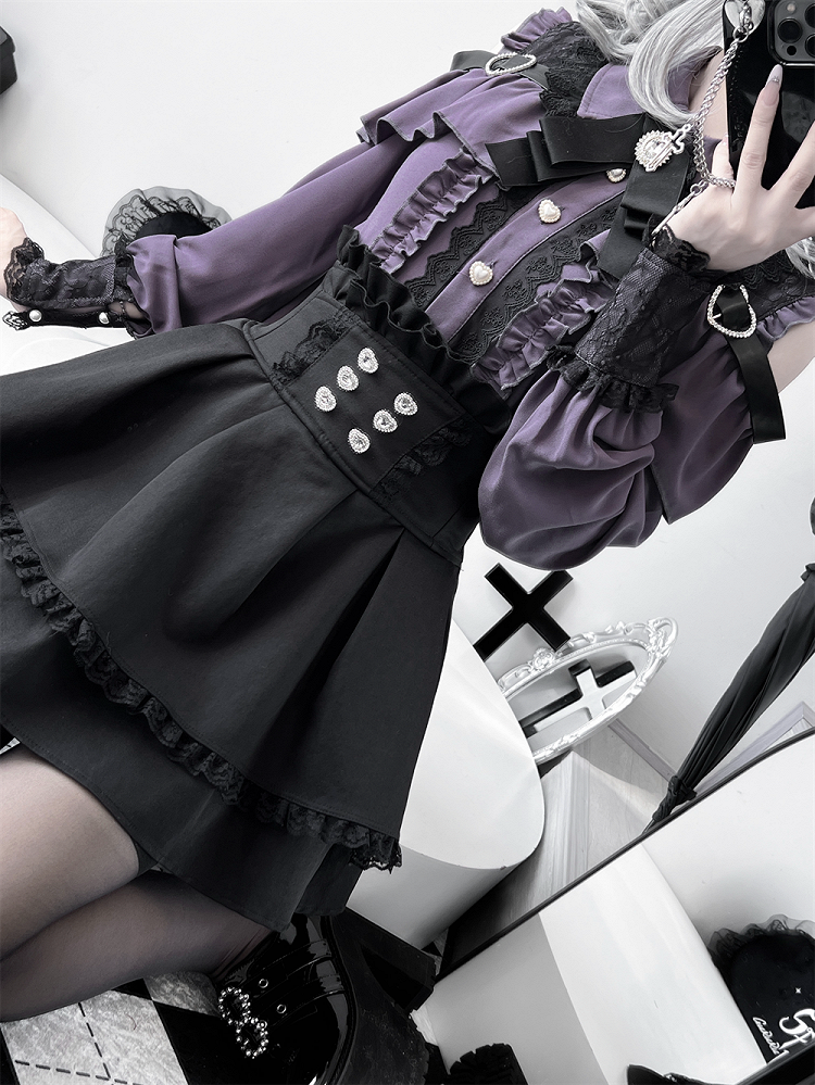 Purple Shoulder with Blouse: Dark Buckle Long Button Kei Heart Sleeve Jirai Front Cutout