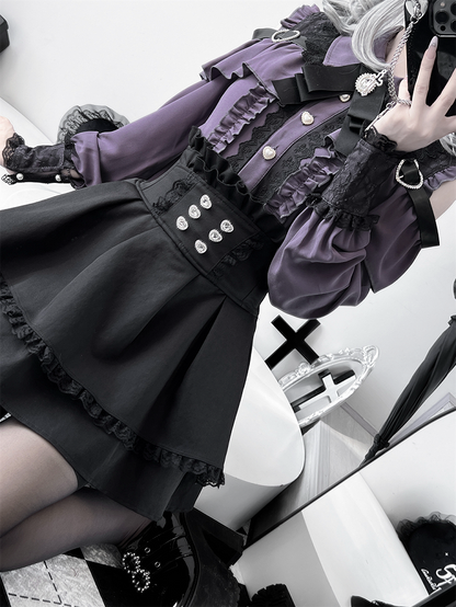 Purple Shoulder with Blouse: Dark Buckle Long Button Kei Heart Sleeve Jirai Front Cutout