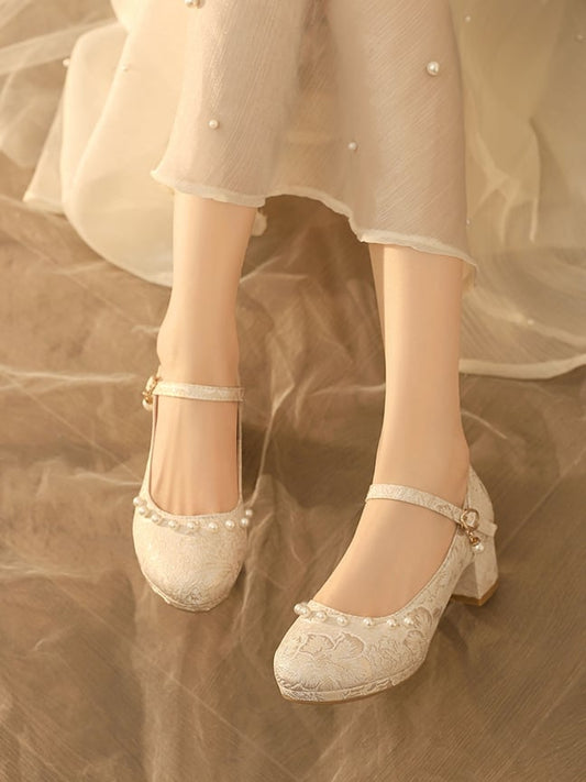 Beige Heels Muster Lolita Floral Block Mid Details Perlen Qi Satin -