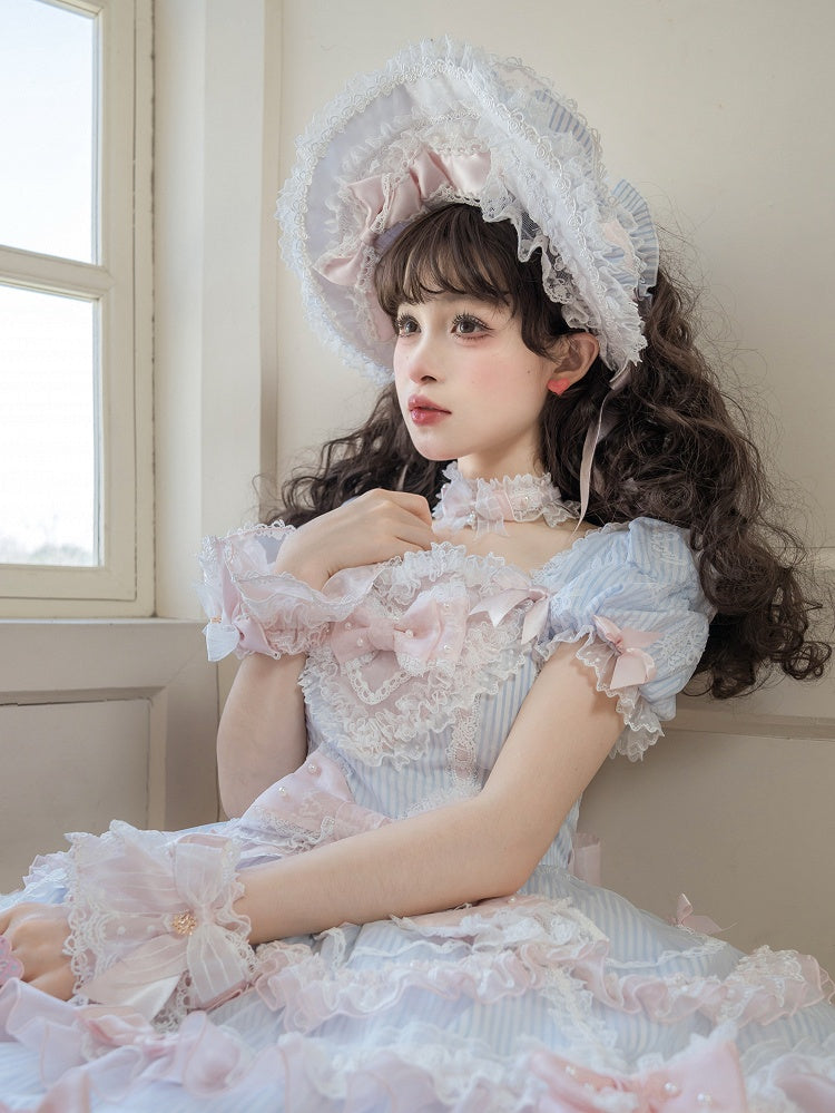 ボンネット柄とブルーのロリータストライプピンク