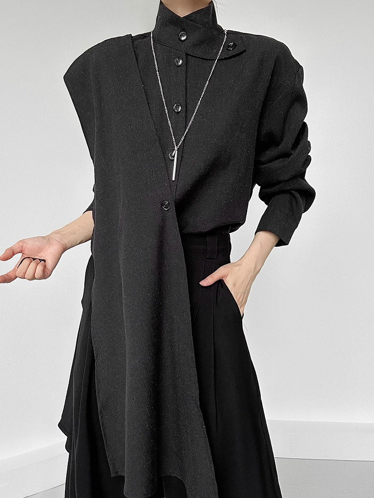 Extended Sleeve Convertible Shirt with Unisex Scarf Long Black