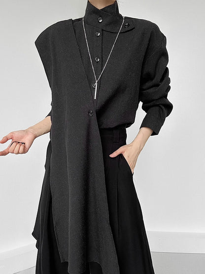 Extended Sleeve Convertible Shirt with Unisex Scarf Long Black