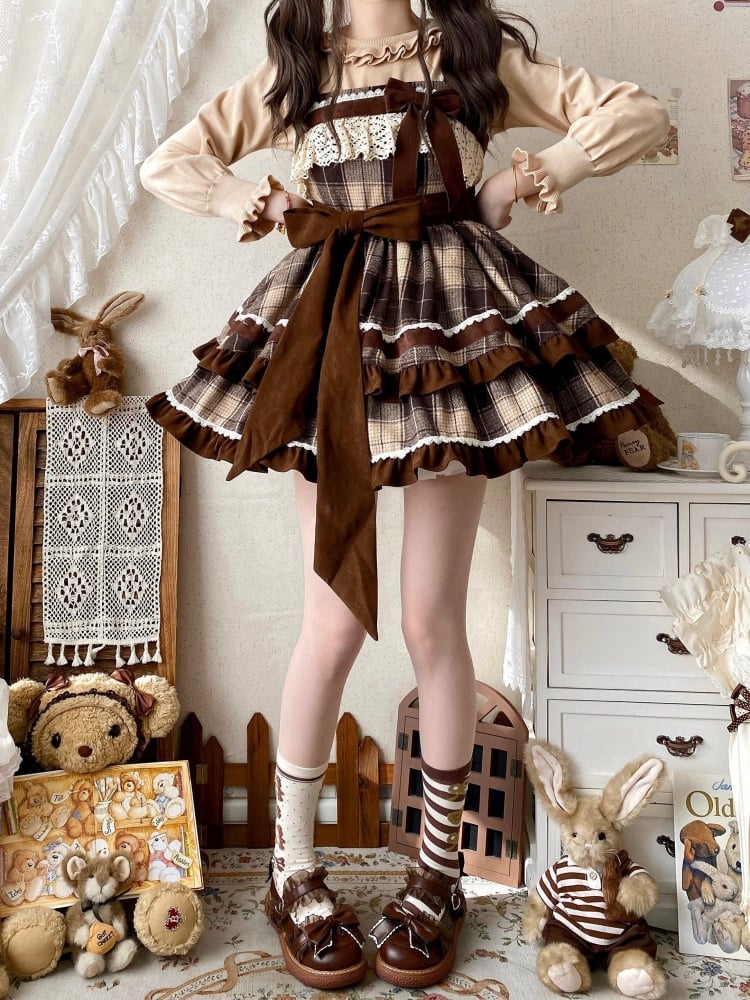 Robe Lolita à carreaux marron, taille haute, jupe pull Lolita automne et hiver