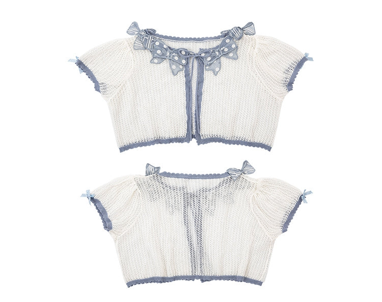 Blue Bowknot Applique Neckline Short Sleeves Top