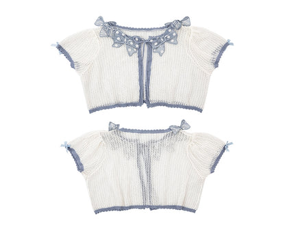 Blue Bowknot Applique Neckline Short Sleeves Top