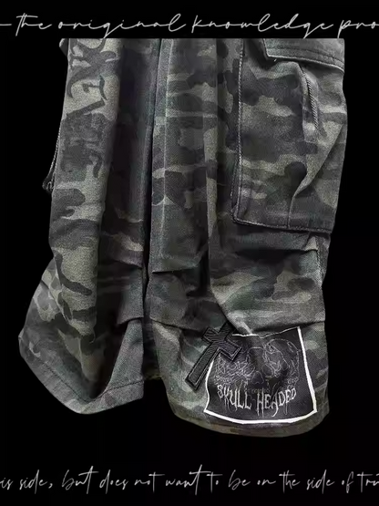 Camourflage Cross and Skeleton Appliques Cargo Shorts Pockets