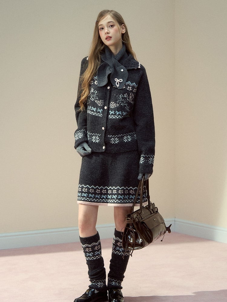 Design Knit Gray Kawaii Skirt with Cat Pattern Vintage Dark