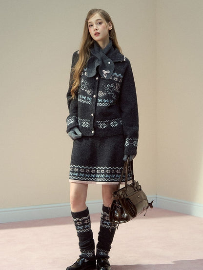 Design Knit Gray Kawaii Skirt with Cat Pattern Vintage Dark