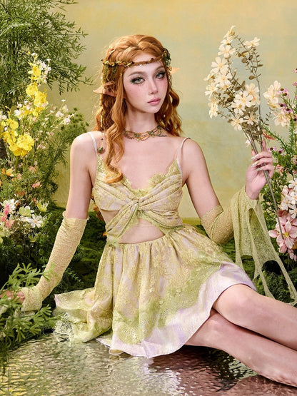 Fairycore Green Purple Butterfly Lace Sleeveless Dress Brown Belt - Virtual Orbit