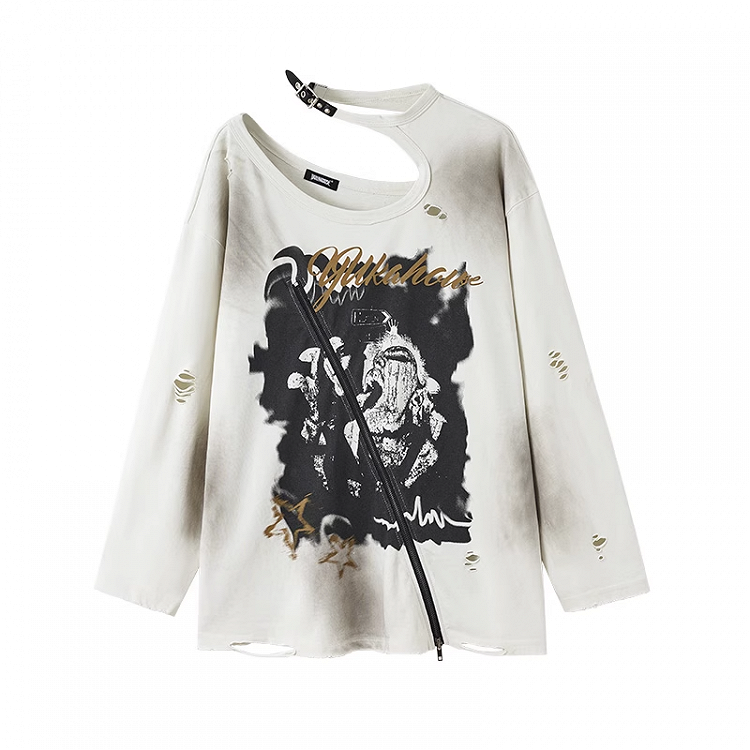 Zipper and Detail White Distressed Top with Cutout Shoulder