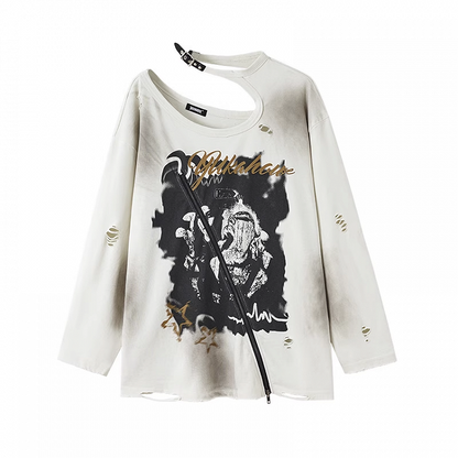 Zipper and Detail White Distressed Top with Cutout Shoulder